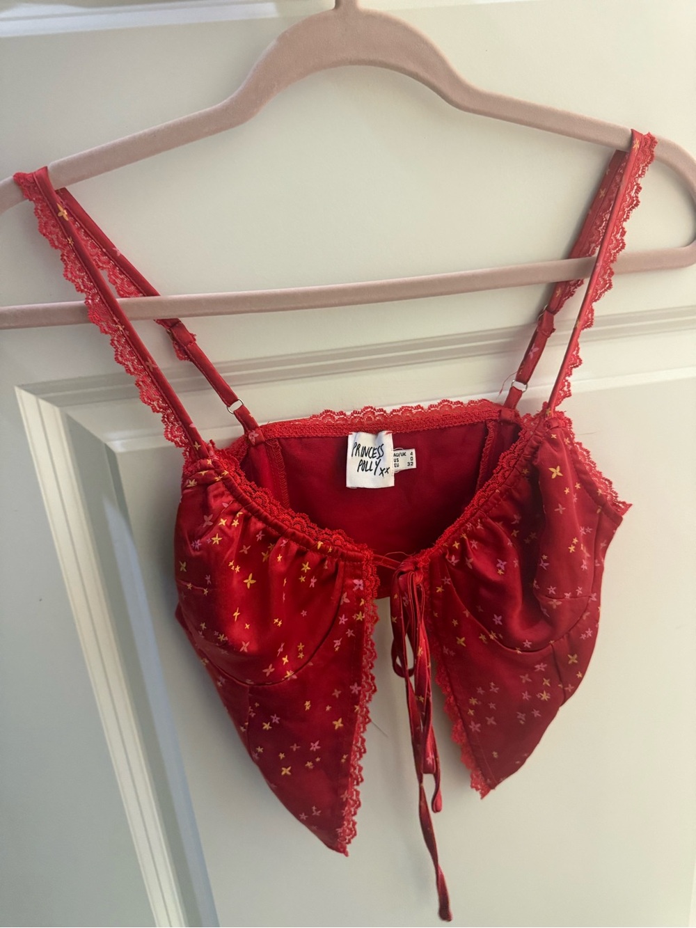 Princess Polly Red Satin Star-Print Lace Camisole